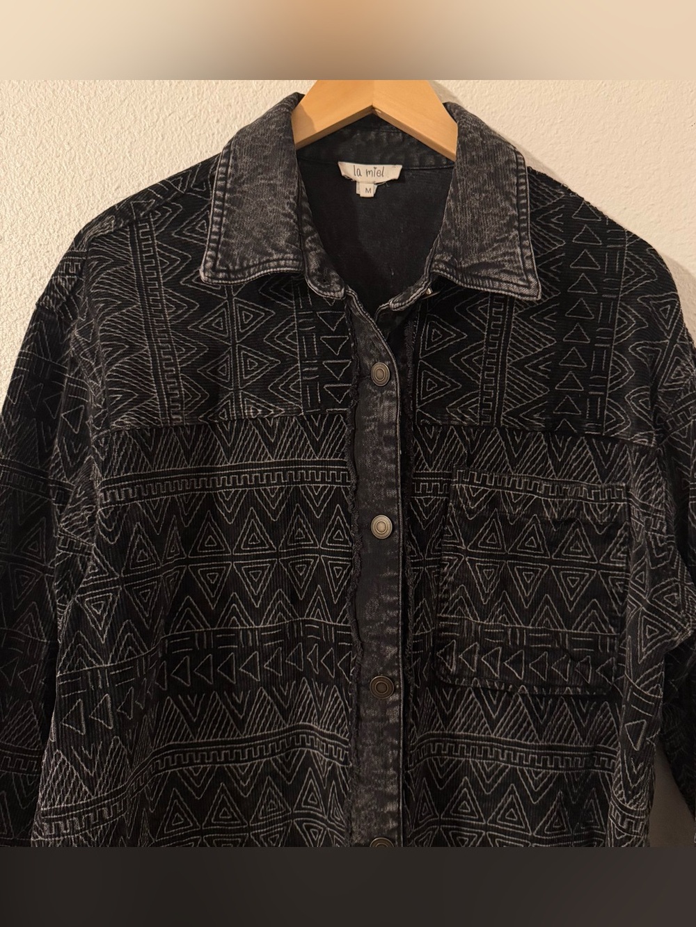 La Miel Shaket Jacket Southwestern Fringe Button Denim Courdaroy Shirt Black MD - Picture 3 of 12